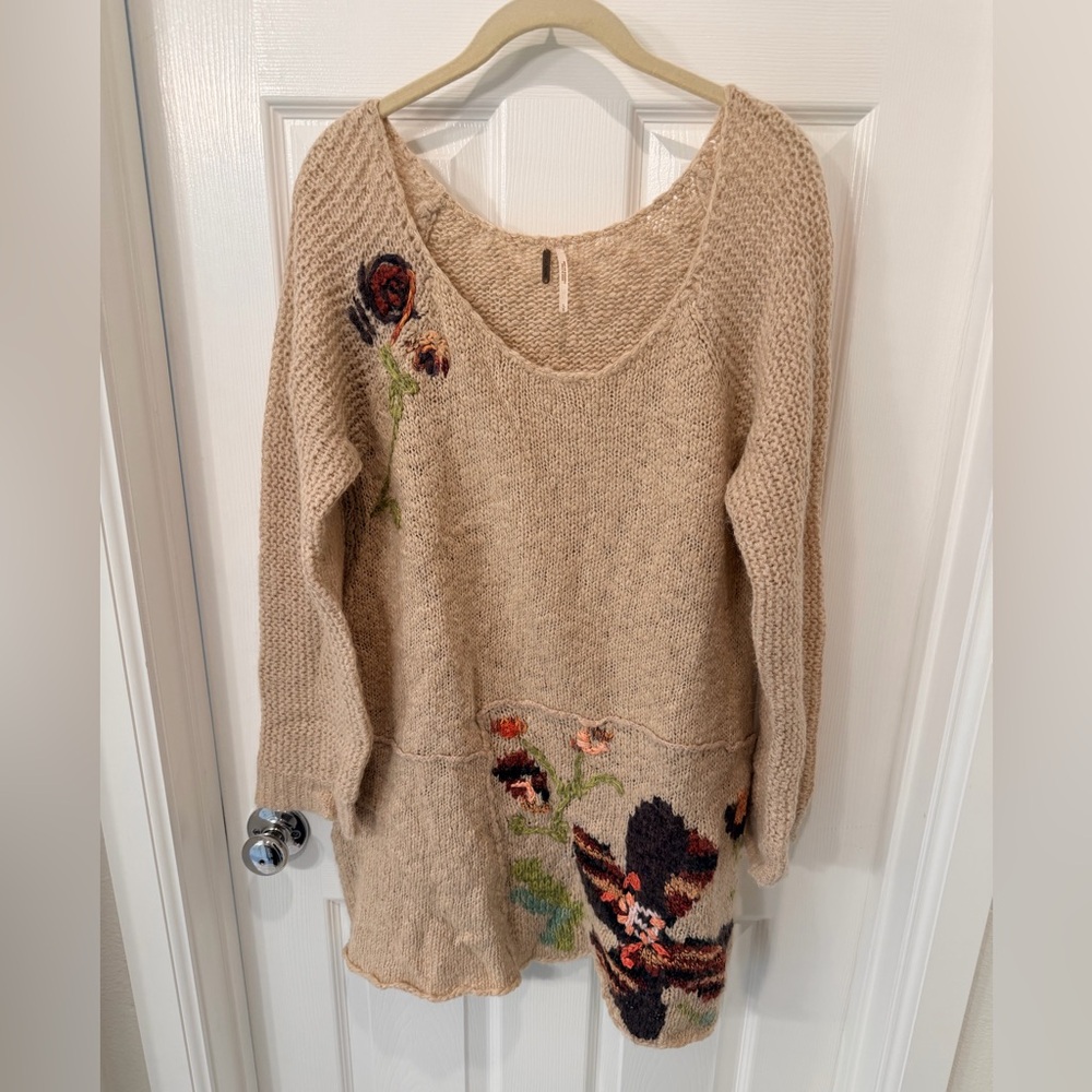Free People Floral Wool Blend Tunic Sweater in beige